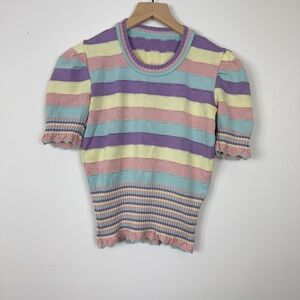 Striped Pastel Cropped Knit Banded Waist Lettuce Hem Sweater Small